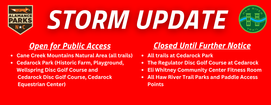 red background with text overaly. Alamance parks logo in the upper left corner, haw river trail logo in upper right corner.