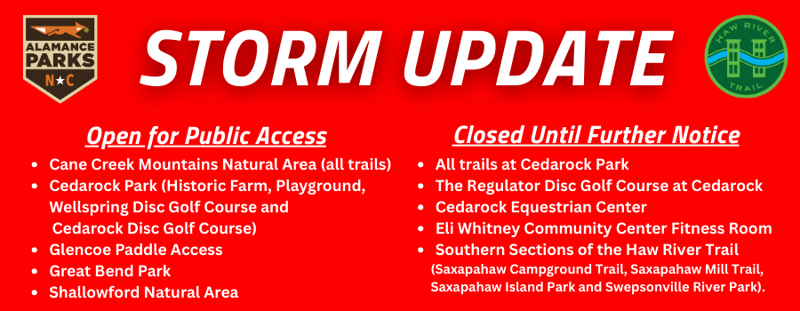 red background with alamance parks logo in the top left corner and haw river trail logo in the top right corner. Text overlay announcing openings and closures.