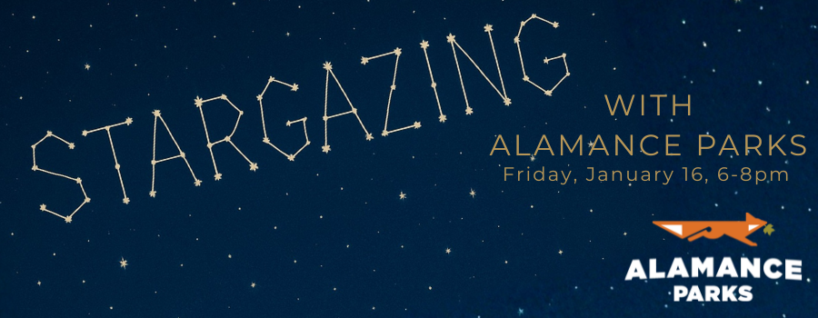 illustrated image of a starry night sky with the word "stargazing" in constellation form and text overlay to the right with the alamance parks logo.