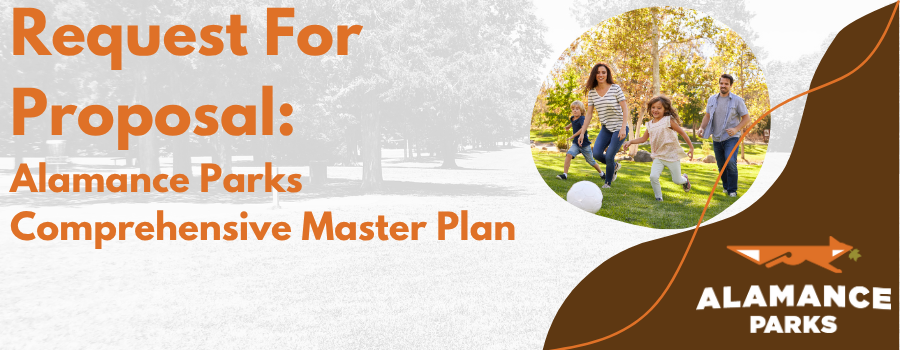 background image of a park with a photo of a family and the alamance parks logo in the bottom right of the image. Text overlay on top of park image.