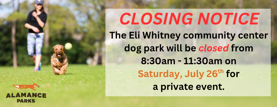 background image of a dog and dog owner playing fetch in a park. Text overlay announcing dog park closing.