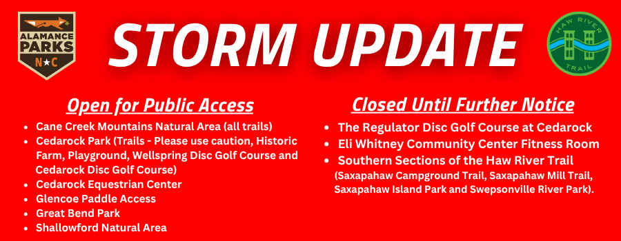 red background with text overlay. alamance parks logo in upper left corner, haw river trail logo in upper right corner.