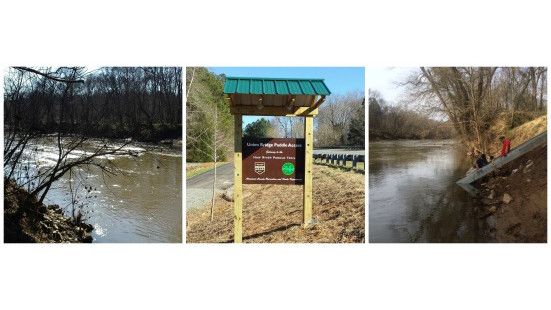 photo collage with Union Bridge Paddle Access kiosk sign, a view of the Haw River from the access, and a photo of staff installing the stairs at the access photo collage with Union Bridge Paddle Access kiosk sign, a view of the Haw River from the access, and a photo of staff installing the stairs at the access