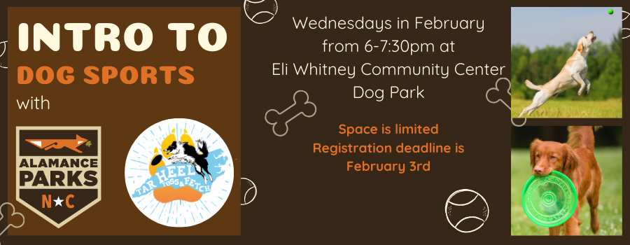 brown background with images of dogs playing in outdoor spaces and text overlays with logos on the left side of the graphic