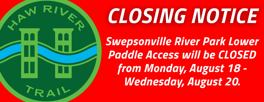 red background with text overlay and haw river trail logo.