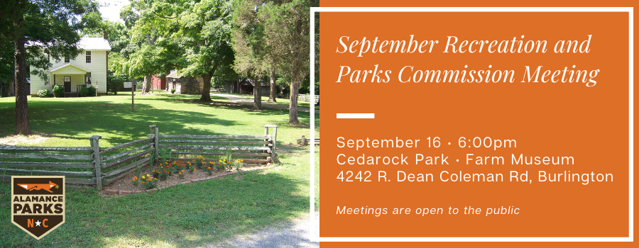 orange background with text overlay and image of historical farm and alamance parks logo.
