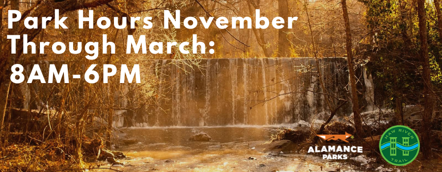 photo of a waterfall over a dam in the forest during the winter with the sunset through the trees. Text overlay and logo in the bottom right corner of image.