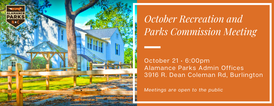 orange background with text overlay on the right, image of historical farmhouse on the left with the alamance parks logo.