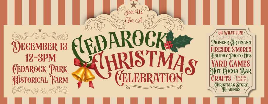 illustrated image of a striped background with festive text overlays.