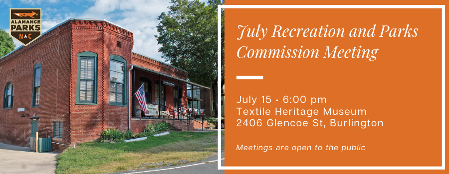 Image of the Textile Heritage Museum with an orange box and text overlay announcing the next parks board meeting. Meeting is open to the public.
