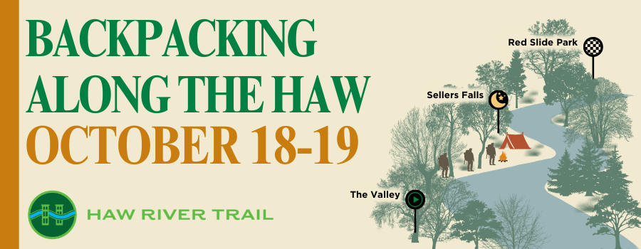 illustration of river and trees with people backpacking along the way. Text overlay on the left side of image with haw river trail logo in the bottom left corner.