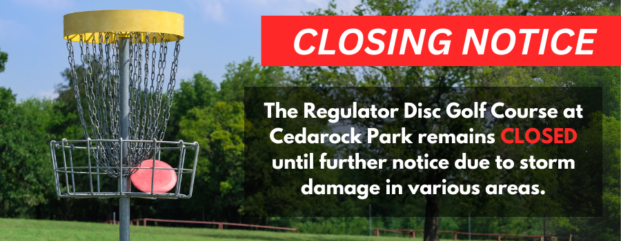 image of disc golf basket in the background with text overlay.