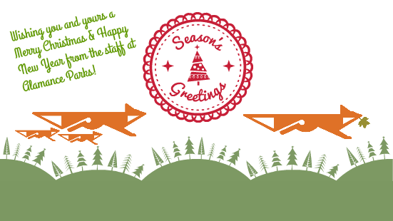 an image of the fox from the logo followed by the community logo fox family with a stamp that says Season's Greetings and the message Wishing You and Yours A Merry Christmas and Happy New Year from Alamance Parks