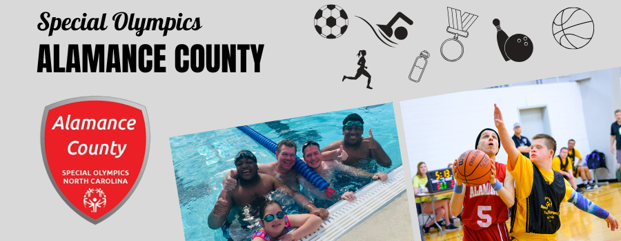 grey background with two images of special olympics athletes playing games. A red special olympics alamance county logo on the left side.