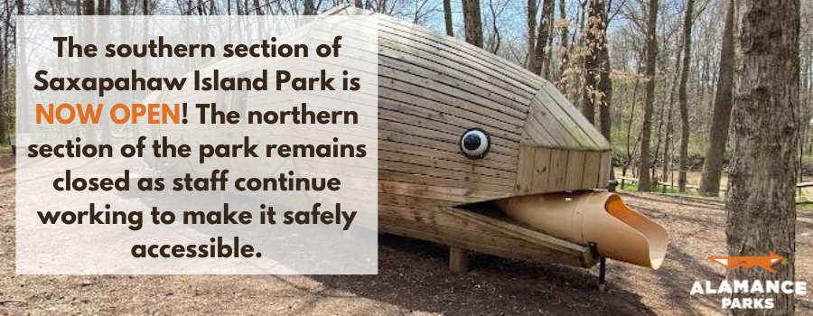 background image of wooden fish play structure in a wooded area. Text overlay and alamance parks logo in bottom right corner.