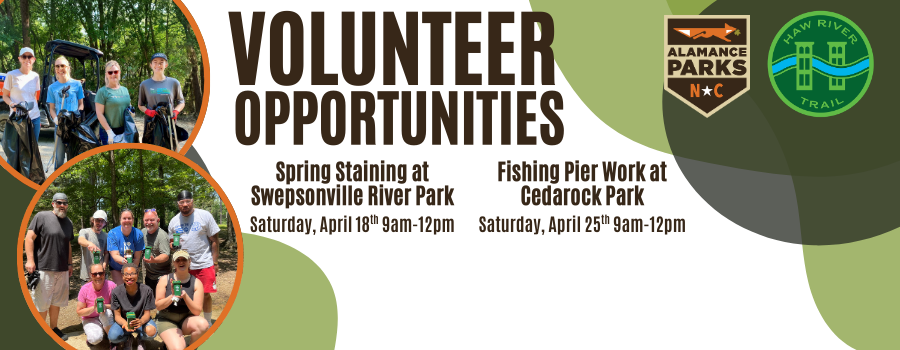 images of volunteer groups in parks with green circles in the background with a text overlay announcing future volunteer opportunities,