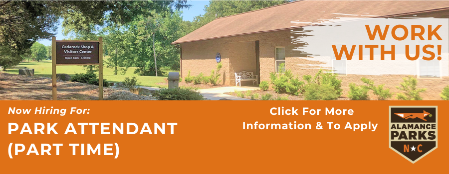 image of a building in a park with an orange background and text below advertising a job opportunity
