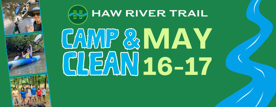 Green background with an illustrated river and images of kayakers and community members cleaning up a park with text announcing a camp and clean event