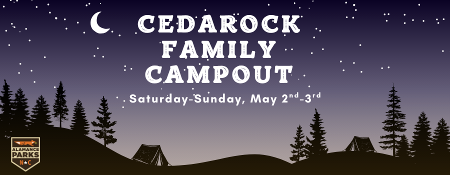 Illustrated background of the night sky with stars, trees and camping tents with text overlay announcing a family campout with Alamance Parks