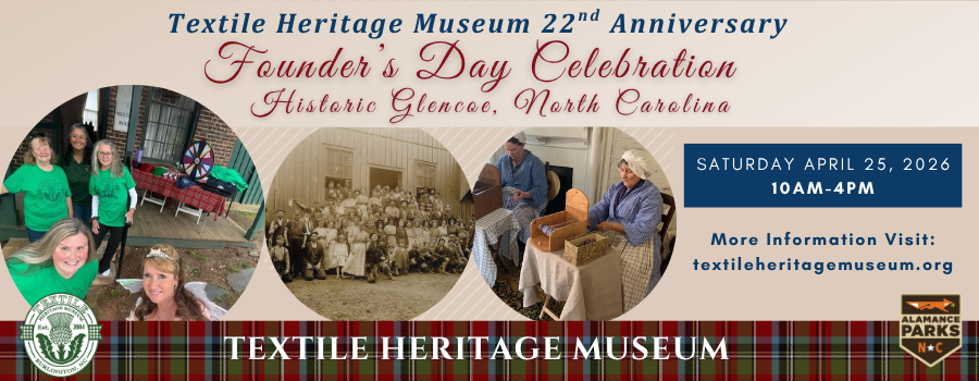 tan background with photos of volunteers and a historical group photo with text describing an upcoming community celebration.
