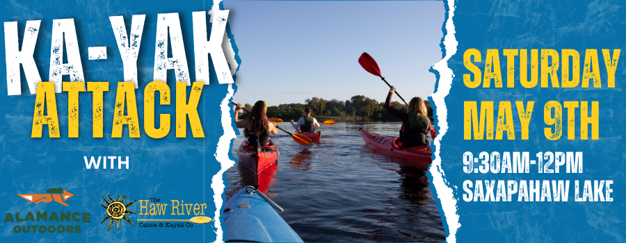 image of kayak paddlers on the water with blue backgrounds on the left and right and text announcing a kayak program.