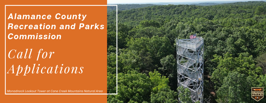 Image of a metal lookout tower above the trees in a park with text next to it announcing a call for applications to be a recreation and parks commission member