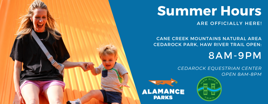 image of a mother and son going down a park slide with text on the right side of the image announcing Summer Park Hours