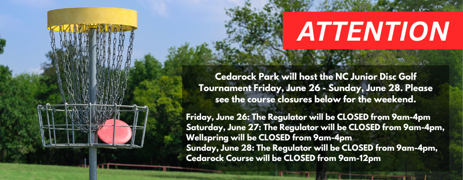 Image of a disc golf basket with a text overlay announcing disc golf course closures