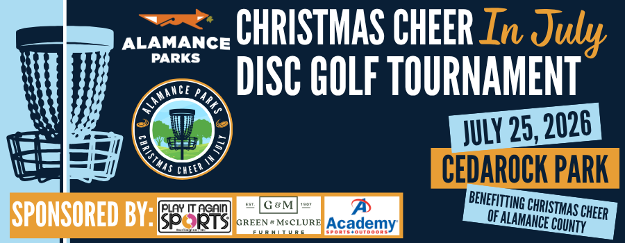 dark blue background with white, orange and blue text advertising an upcoming charity disc golf tournament with sponsor logos. Click for more info and to sign up.