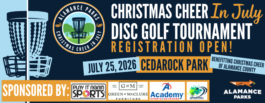 dark blue background with white, orange and blue text advertising an upcoming charity disc golf tournament with sponsor logos. Click for more info and to sign up.