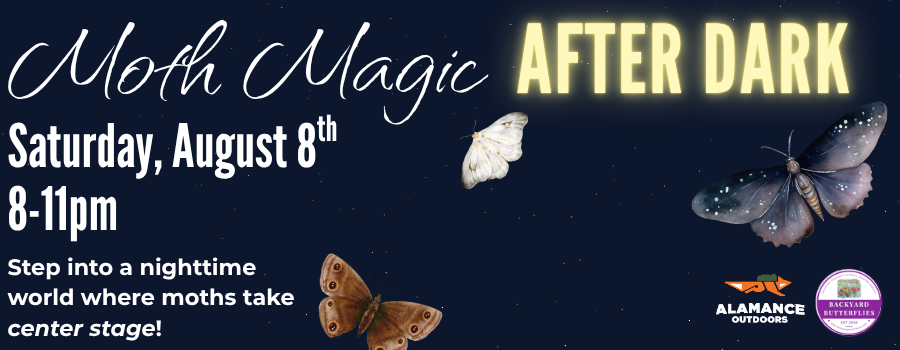 dark blue background with small stars and colorful moths with text advertising an upcoming outdoor program.