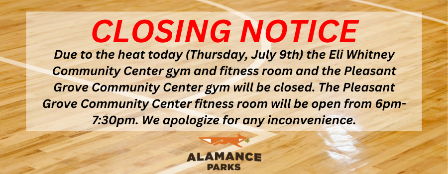 image of gymnasium floor with text overlay announcing facility closures due to heat.