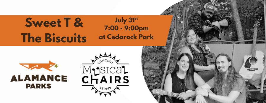 black and white image of a band with text advertising an upcoming outdoor concert at Cedarock Park in July.