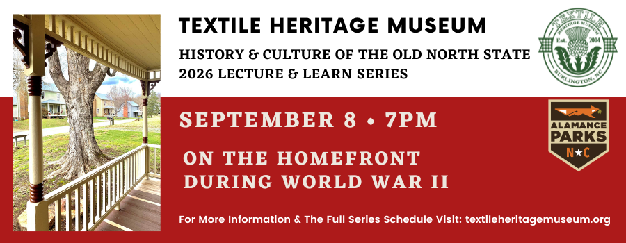 red and white background with an image of a historic front porch and text announcing an upcoming speaker series.