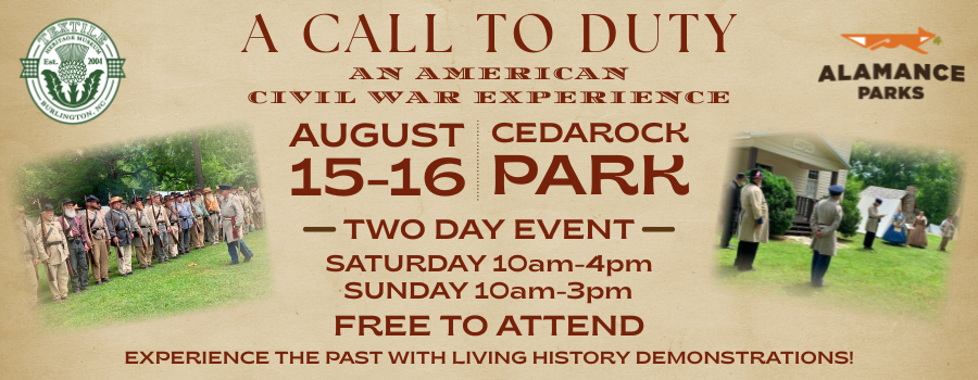brown background with images of civil war reenactments and red text announcing an upcoming living history event
