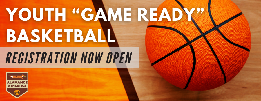 image of wooden gymnasium floor with a basketball and text announcing youth basketball registration is open