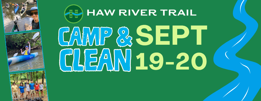 green background with illustrated blue river and images of volunteers with text announcing an upcoming volunteer opportunity.