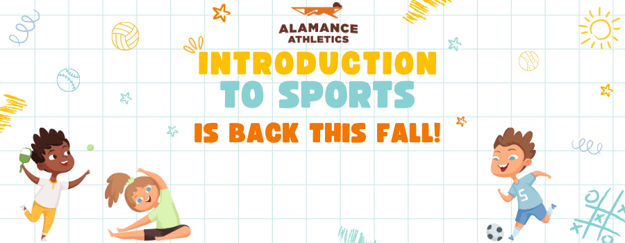 illustrations of doodles and children playing sports with text announcing an upcoming youth sports program.