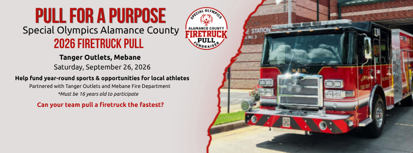 grey background with image of firetruck and text announcing an upcoming charity event for special olympics alamance county