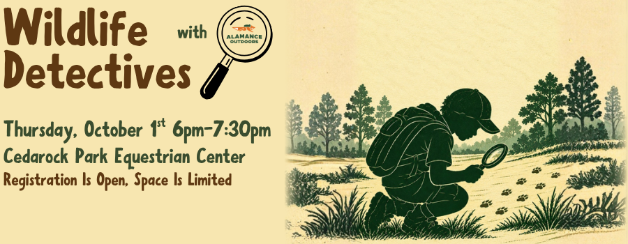 illustration of a child looking at animal tracks with a magnifying glass and text announcing an upcoming youth outdoor program.