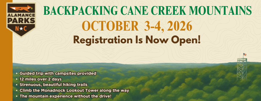 illustrated background of rolling hills with trees and the skyline with text announcing an upcoming outdoor recreation program.