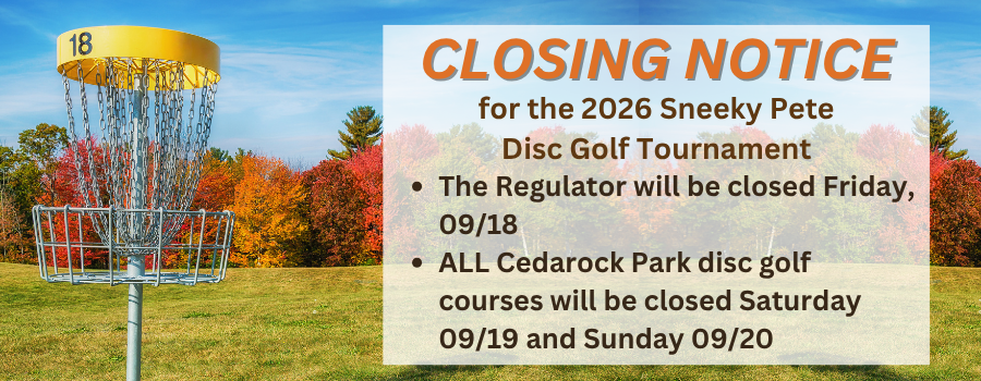 background photo of trees and disc golf basket with text announcing disc golf course closures.