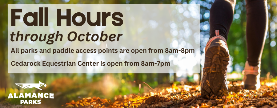 background image of someone walking on leaves with text announcing Fall hours update.